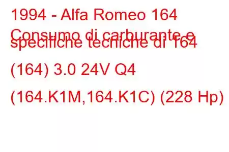 1994 - Alfa Romeo 164
Consumo di carburante e specifiche tecniche di 164 (164) 3.0 24V Q4 (164.K1M,164.K1C) (228 Hp)