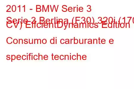 2011 - BMW Serie 3
Serie 3 Berlina (F30) 320i (170 CV) EffcientDynamics Edition Consumo di carburante e specifiche tecniche