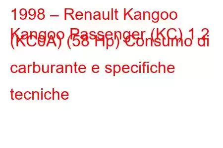 1998 – Renault Kangoo
Kangoo Passenger (KC) 1.2 (KC0A) (58 Hp) Consumo di carburante e specifiche tecniche