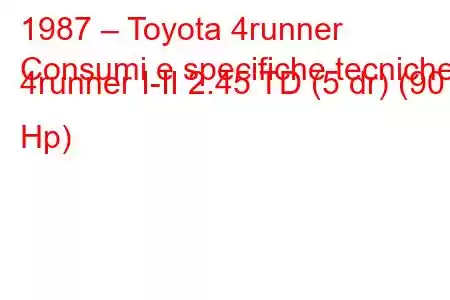 1987 – Toyota 4runner
Consumi e specifiche tecniche 4runner I-II 2.45 TD (5 dr) (90 Hp)