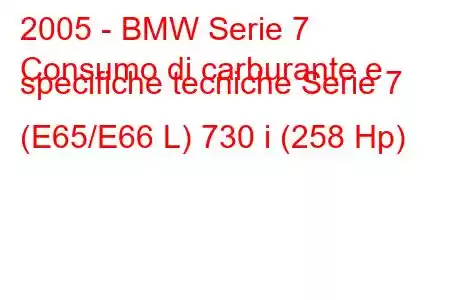 2005 - BMW Serie 7
Consumo di carburante e specifiche tecniche Serie 7 (E65/E66 L) 730 i (258 Hp)