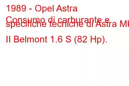 1989 - Opel Astra
Consumo di carburante e specifiche tecniche di Astra Mk II Belmont 1.6 S (82 Hp).