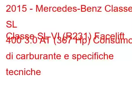 2015 - Mercedes-Benz Classe SL
Classe SL VI (R231) Facelift 400 3.0 AT (367 Hp) Consumo di carburante e specifiche tecniche