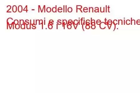 2004 - Modello Renault
Consumi e specifiche tecniche Modus 1.6 i 16V (88 CV).