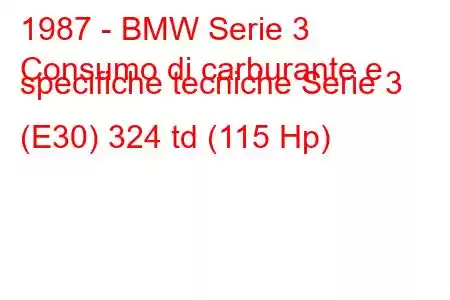 1987 - BMW Serie 3
Consumo di carburante e specifiche tecniche Serie 3 (E30) 324 td (115 Hp)