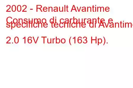 2002 - Renault Avantime
Consumo di carburante e specifiche tecniche di Avantime 2.0 16V Turbo (163 Hp).