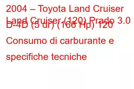 2004 – Toyota Land Cruiser
Land Cruiser (120) Prado 3.0 D-4D (5 dr) (166 Hp) 120 Consumo di carburante e specifiche tecniche