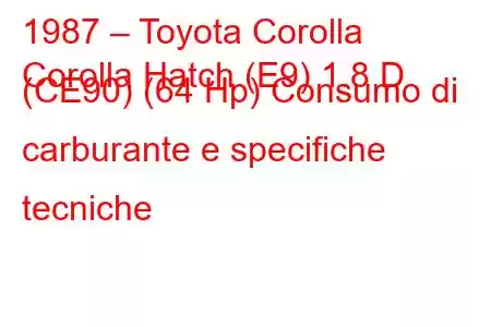 1987 – Toyota Corolla
Corolla Hatch (E9) 1.8 D (CE90) (64 Hp) Consumo di carburante e specifiche tecniche