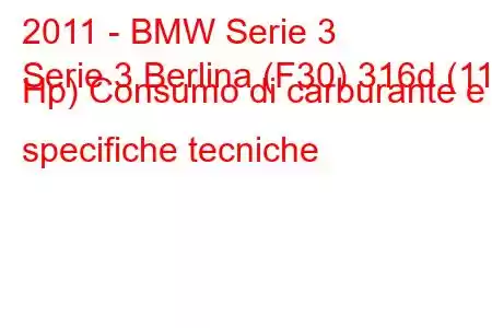 2011 - BMW Serie 3
Serie 3 Berlina (F30) 316d (116 Hp) Consumo di carburante e specifiche tecniche