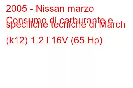 2005 - Nissan marzo
Consumo di carburante e specifiche tecniche di March (k12) 1.2 i 16V (65 Hp)