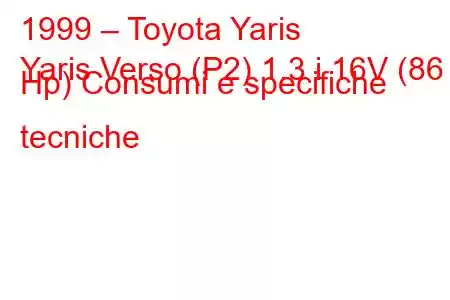 1999 – Toyota Yaris
Yaris Verso (P2) 1.3 i 16V (86 Hp) Consumi e specifiche tecniche