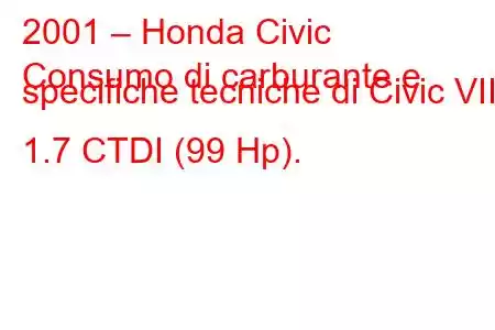 2001 – Honda Civic
Consumo di carburante e specifiche tecniche di Civic VII 1.7 CTDI (99 Hp).