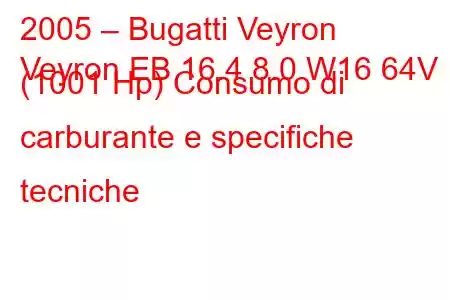 2005 – Bugatti Veyron
Veyron EB 16.4 8.0 W16 64V (1001 Hp) Consumo di carburante e specifiche tecniche