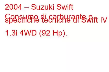 2004 – Suzuki Swift
Consumo di carburante e specifiche tecniche di Swift IV 1.3i 4WD (92 Hp).