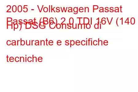 2005 - Volkswagen Passat
Passat (B6) 2.0 TDI 16V (140 Hp) DSG Consumo di carburante e specifiche tecniche