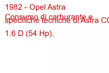 1982 - Opel Astra
Consumo di carburante e specifiche tecniche di Astra CC 1.6 D (54 Hp).