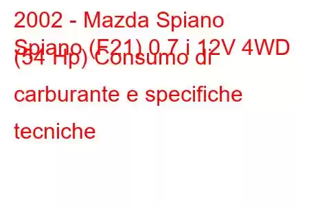 2002 - Mazda Spiano
Spiano (F21) 0.7 i 12V 4WD (54 Hp) Consumo di carburante e specifiche tecniche