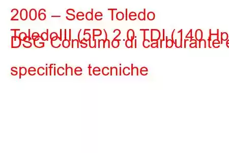 2006 – Sede Toledo
ToledoIII (5P) 2.0 TDI (140 Hp) DSG Consumo di carburante e specifiche tecniche