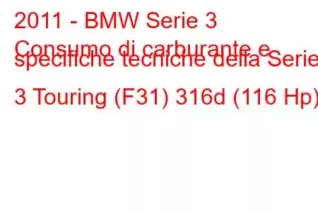 2011 - BMW Serie 3
Consumo di carburante e specifiche tecniche della Serie 3 Touring (F31) 316d (116 Hp)