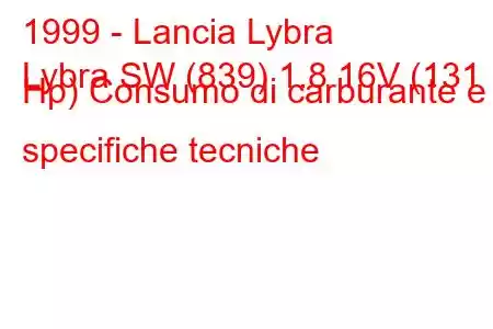 1999 - Lancia Lybra
Lybra SW (839) 1.8 16V (131 Hp) Consumo di carburante e specifiche tecniche