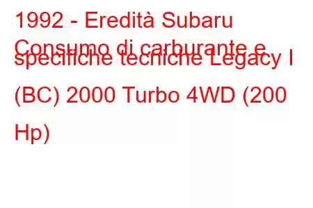 1992 - Eredità Subaru
Consumo di carburante e specifiche tecniche Legacy I (BC) 2000 Turbo 4WD (200 Hp)