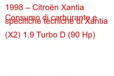 1998 – Citroën Xantia
Consumo di carburante e specifiche tecniche di Xantia (X2) 1.9 Turbo D (90 Hp)