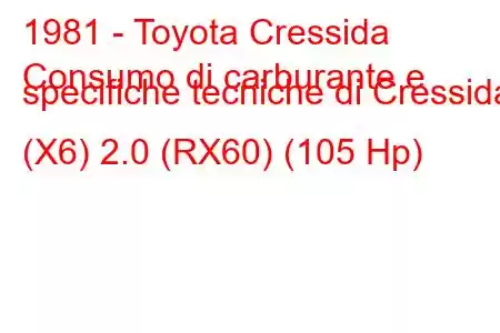 1981 - Toyota Cressida
Consumo di carburante e specifiche tecniche di Cressida (X6) 2.0 (RX60) (105 Hp)