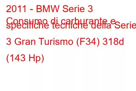 2011 - BMW Serie 3
Consumo di carburante e specifiche tecniche della Serie 3 Gran Turismo (F34) 318d (143 Hp)