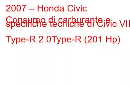 2007 – Honda Civic
Consumo di carburante e specifiche tecniche di Civic VIII Type-R 2.0Type-R (201 Hp)