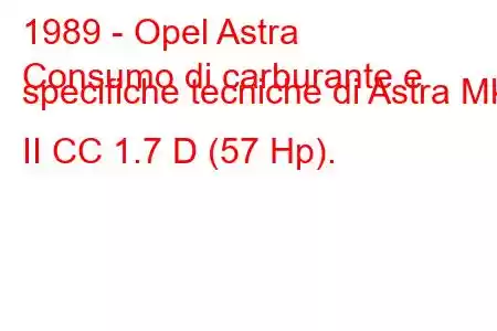 1989 - Opel Astra
Consumo di carburante e specifiche tecniche di Astra Mk II CC 1.7 D (57 Hp).