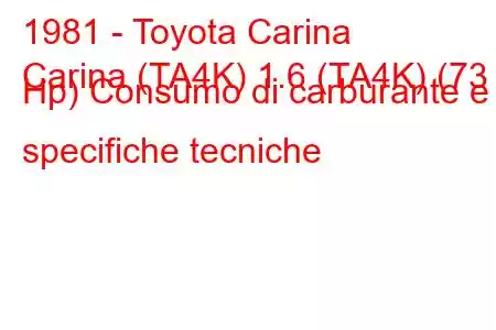 1981 - Toyota Carina
Carina (TA4K) 1.6 (TA4K) (73 Hp) Consumo di carburante e specifiche tecniche