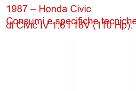 1987 – Honda Civic
Consumi e specifiche tecniche di Civic IV 1.6 i 16V (110 Hp).