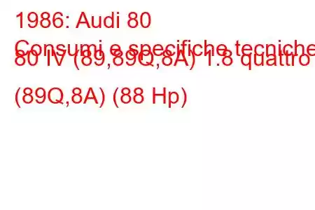 1986: Audi 80
Consumi e specifiche tecniche 80 IV (89,89Q,8A) 1.8 quattro (89Q,8A) (88 Hp)