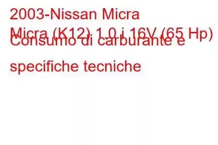 2003-Nissan Micra
Micra (K12) 1.0 i 16V (65 Hp) Consumo di carburante e specifiche tecniche