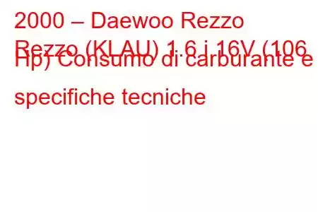 2000 – Daewoo Rezzo
Rezzo (KLAU) 1.6 i 16V (106 Hp) Consumo di carburante e specifiche tecniche