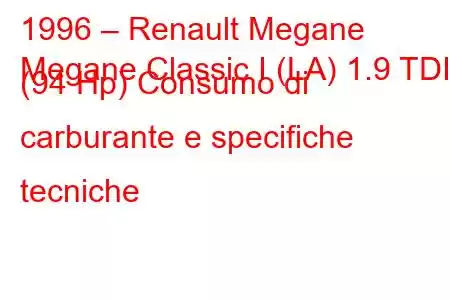 1996 – Renault Megane
Megane Classic I (LA) 1.9 TDI (94 Hp) Consumo di carburante e specifiche tecniche