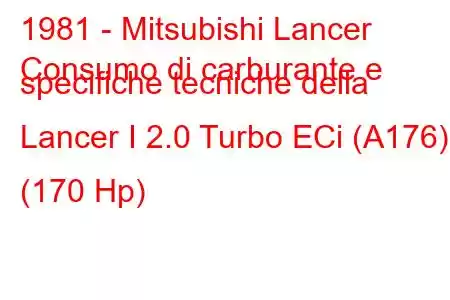 1981 - Mitsubishi Lancer
Consumo di carburante e specifiche tecniche della Lancer I 2.0 Turbo ECi (A176) (170 Hp)