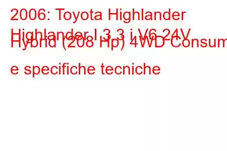 2006: Toyota Highlander
Highlander I 3.3 i V6 24V Hybrid (208 Hp) 4WD Consumi e specifiche tecniche