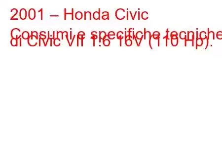 2001 – Honda Civic
Consumi e specifiche tecniche di Civic VII 1.6 16V (110 Hp).