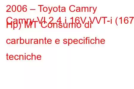 2006 – Toyota Camry
Camry VI 2.4 i 16V VVT-i (167 Hp) MT Consumo di carburante e specifiche tecniche