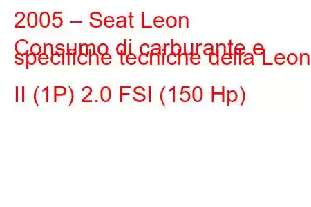 2005 – Seat Leon
Consumo di carburante e specifiche tecniche della Leon II (1P) 2.0 FSI (150 Hp)