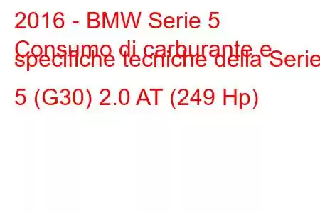 2016 - BMW Serie 5
Consumo di carburante e specifiche tecniche della Serie 5 (G30) 2.0 AT (249 Hp)