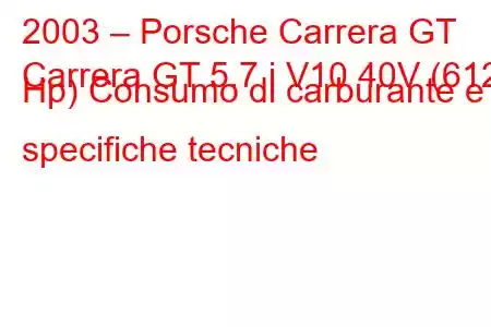 2003 – Porsche Carrera GT
Carrera GT 5.7 i V10 40V (612 Hp) Consumo di carburante e specifiche tecniche