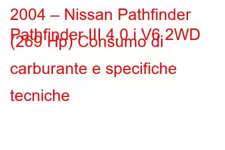 2004 – Nissan Pathfinder
Pathfinder III 4.0 i V6 2WD (269 Hp) Consumo di carburante e specifiche tecniche