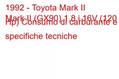 1992 - Toyota Mark II
Mark II (GX90) 1.8 i 16V (120 Hp) Consumo di carburante e specifiche tecniche