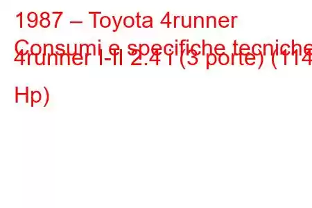 1987 – Toyota 4runner
Consumi e specifiche tecniche 4runner I-II 2.4 i (3 porte) (114 Hp)