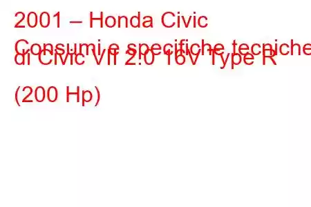 2001 – Honda Civic
Consumi e specifiche tecniche di Civic VII 2.0 16V Type R (200 Hp)