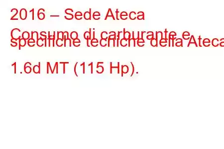 2016 – Sede Ateca
Consumo di carburante e specifiche tecniche della Ateca 1.6d MT (115 Hp).