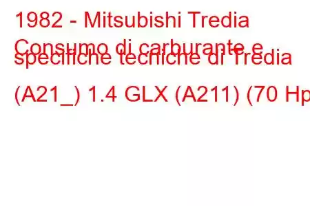 1982 - Mitsubishi Tredia
Consumo di carburante e specifiche tecniche di Tredia (A21_) 1.4 GLX (A211) (70 Hp)