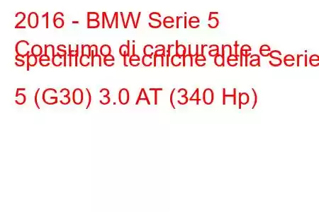 2016 - BMW Serie 5
Consumo di carburante e specifiche tecniche della Serie 5 (G30) 3.0 AT (340 Hp)